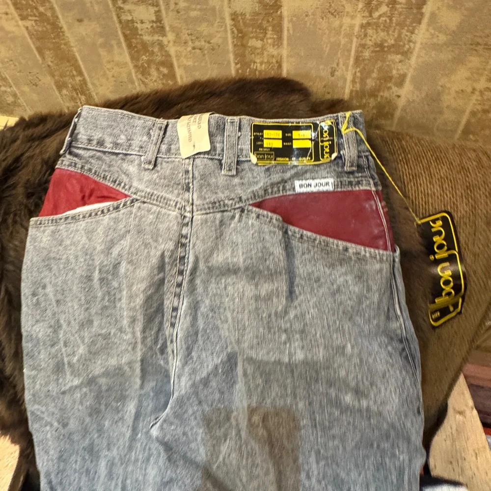 Womens Bon‎ Jour 1980’s  Blue and Red leather Trim Jeans size size 5:6